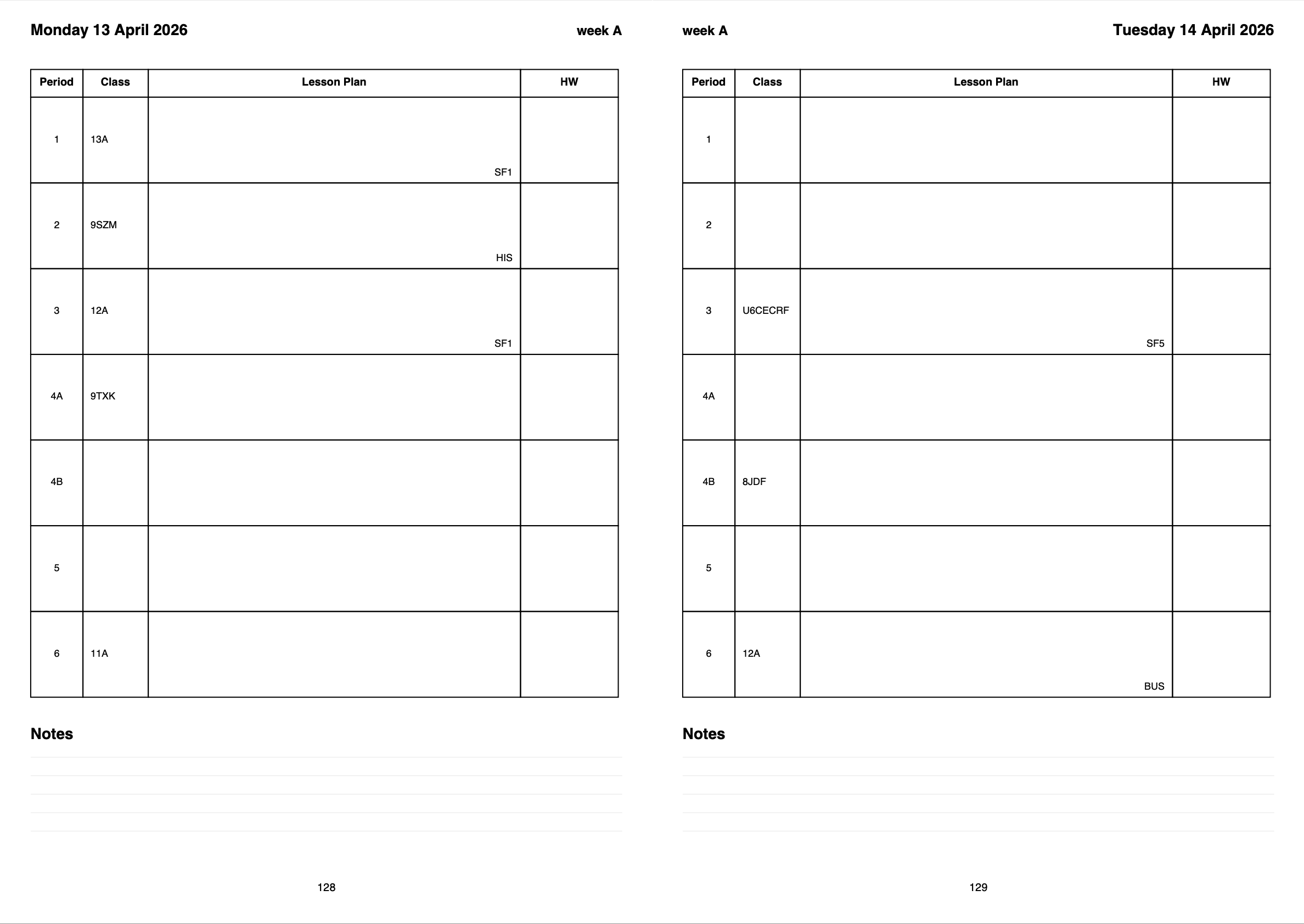 Day to page planner layout showing detailed daily schedule